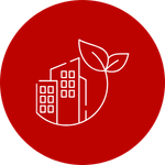 icono medio ambiente y edificios con fondo granate